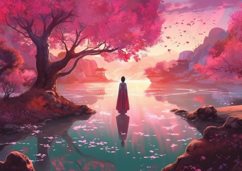 中国传统国风国潮形中式古代桃树下满是花瓣的水面上站着少女眺望远方的太阳阳光插画,插画/手绘图,插画/手绘图库,插画/手绘图下载,插画/手绘